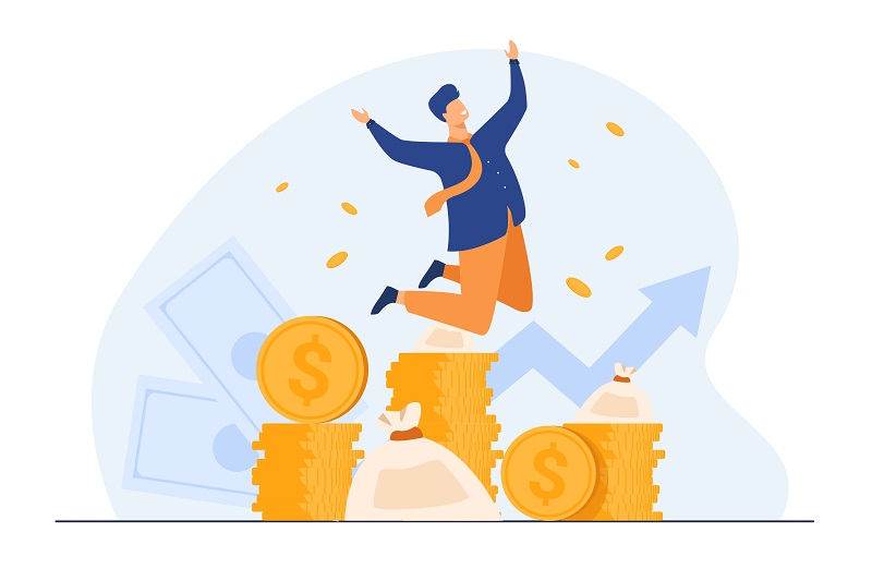 Man jumping on money coins Illustration