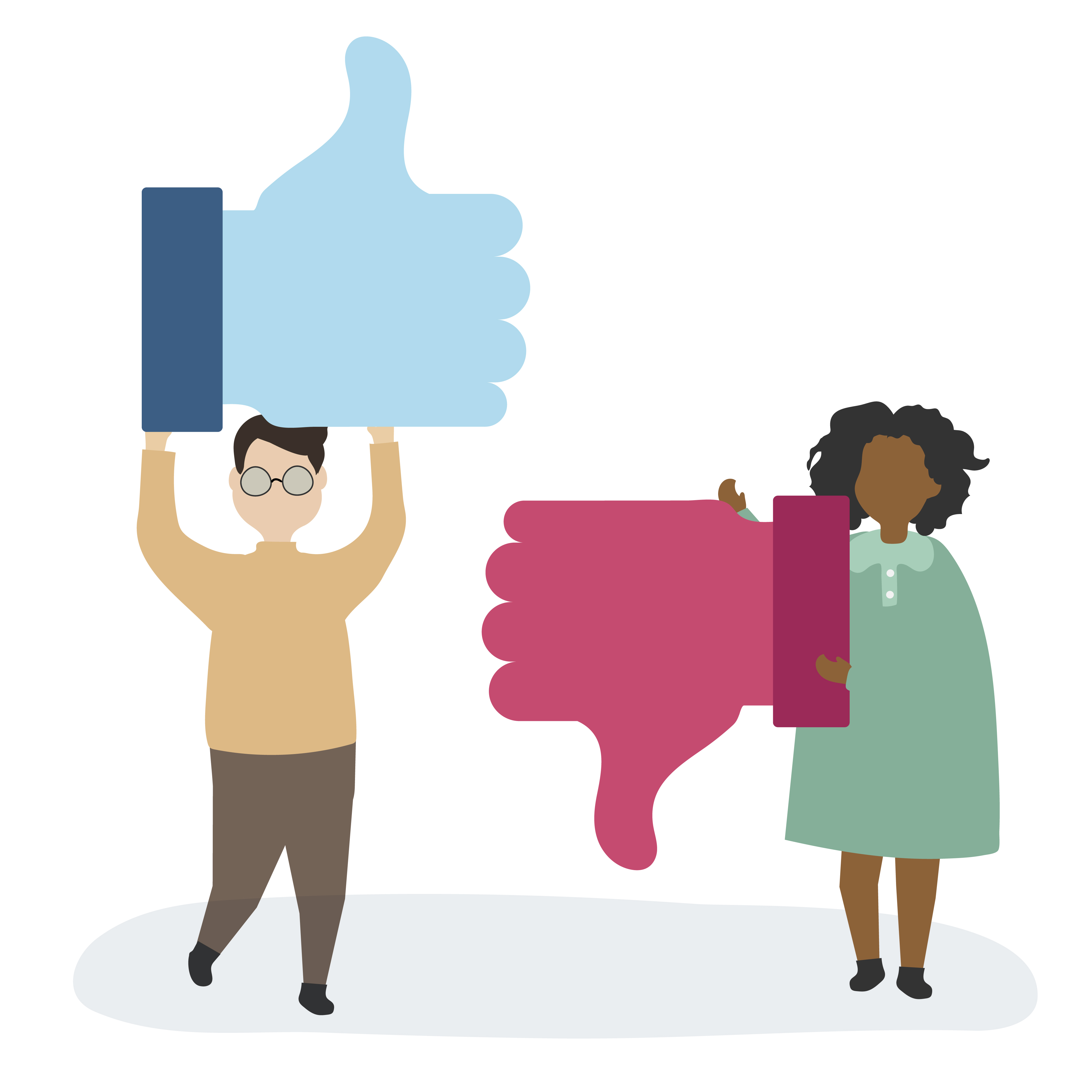 A Man holding like button and a woman holding dislike button Illustration
